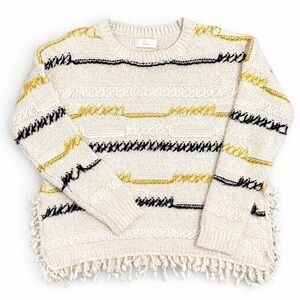 Anthropologie Braeve Textured Fringe Knit Sweater Ivory Yellow Black Medium